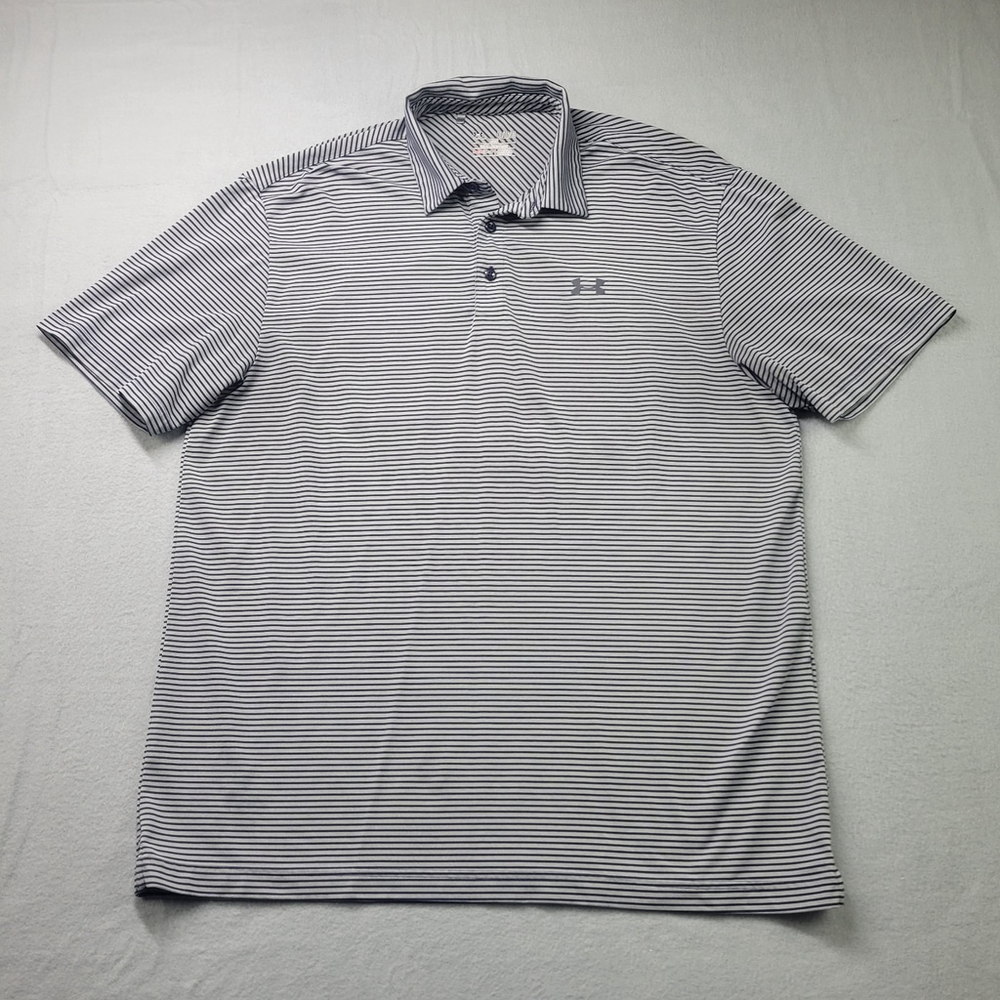 Under Armour Polo Shirt Mens Size XL Gray Blue Striped Short Sleeve Golf